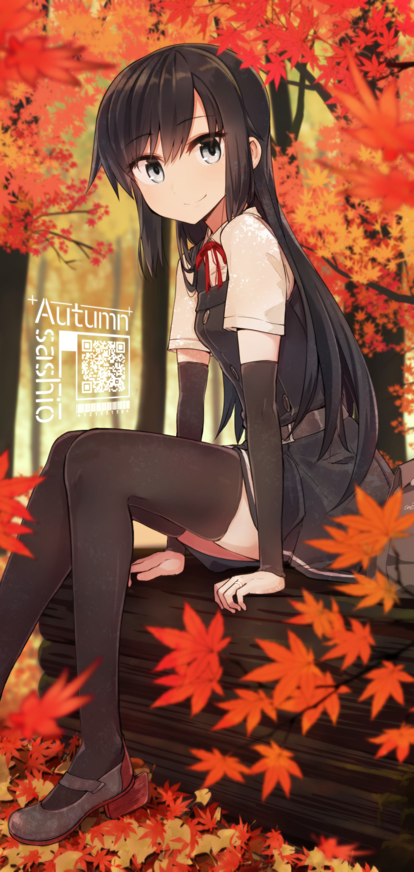 1girl absurdres arm_warmers asashio_(kantai_collection) banned_artist barcode belt belt_buckle black_dress black_hair black_legwear blue_eyes buckle character_name commentary_request dress eyebrows_visible_through_hair hair_between_eyes highres in_tree jewelry kantai_collection leaf long_hair maple_leaf pinafore_dress qr_code red_ribbon ribbon ring shirt short_sleeves sitting sitting_in_tree smile solo thighhighs tree wedding_band white_shirt yopan_danshaku