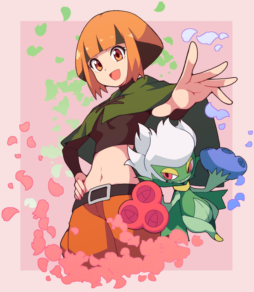 1girl absurdres belt blush breasts brown_eyes brown_hair crop_top flower gen_4_pokemon gym_leader highres long_sleeves looking_at_viewer multicolored_hair natane_(pokemon) navel nazonazo_(nazonazot) open_mouth petals pokemon pokemon_(creature) pokemon_(game) pokemon_dppt rose roserade short_hair small_breasts smile two-tone_hair