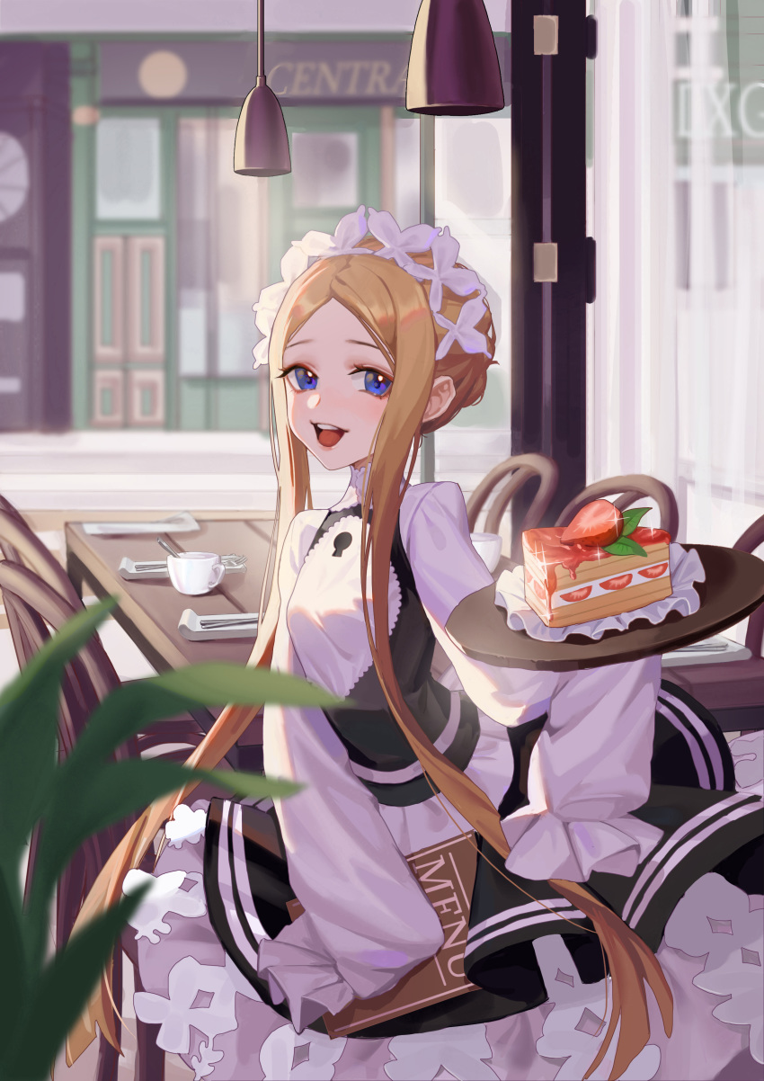 1girl :d abigail_williams_(fate/grand_order) absurdres bangs black_dress blonde_hair blue_eyes blurry blurry_background blurry_foreground breasts cake ceiling_light chair commentary_request cup depth_of_field dress fate/grand_order fate_(series) food forehead fork fruit heroic_spirit_festival_outfit highres indoors keyhole long_hair long_sleeves looking_at_viewer menu mo_si_(z1216150815) open_mouth parted_bangs shirt sidelocks sleeveless sleeveless_dress sleeves_past_fingers sleeves_past_wrists slice_of_cake small_breasts smile solo sparkle spoon strawberry table upper_body very_long_hair waitress white_shirt window