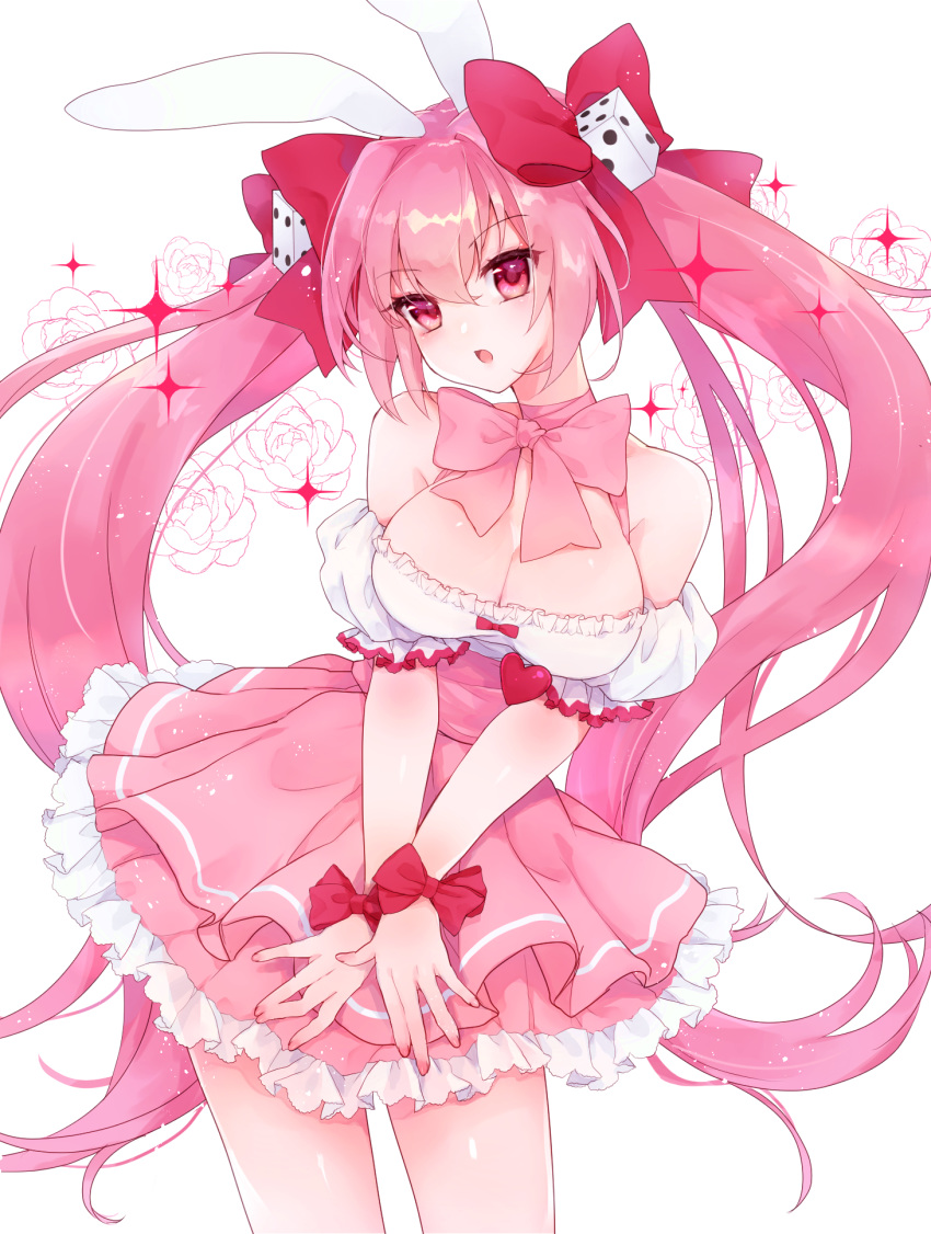 1girl animal_ears bangs bare_shoulders breasts bunny_ears cleavage commentary_request detached_sleeves di_gi_charat dice_hair_ornament eyebrows_visible_through_hair fingernails floral_background frilled_skirt frills hair_between_eyes hair_ornament highres large_breasts long_hair open_mouth pink_hair pink_skirt pleated_skirt puffy_short_sleeves puffy_sleeves red_eyes shichijou_natori shirt short_sleeves simple_background skirt solo sparkle twintails usada_hikaru very_long_hair white_background white_shirt wide_sleeves wrist_bow