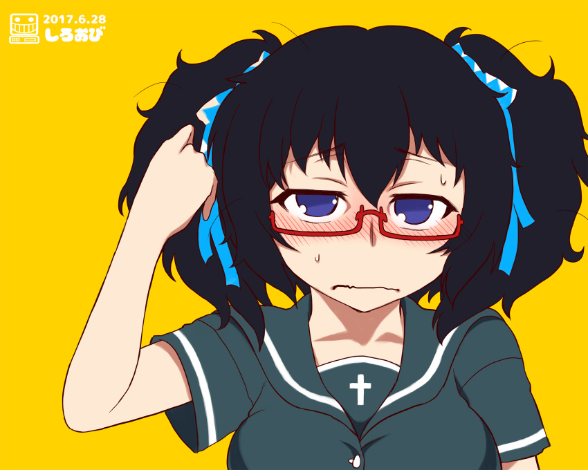 1girl alternate_eye_color alternate_hairstyle artist_logo artist_name bangs black_hair blouse blue_eyes blue_ribbon blush closed_mouth commentary dated frown girls_und_panzer glasses grey_blouse hair_ribbon hand_in_hair highres looking_at_viewer medium_hair oryou_(girls_und_panzer) red-framed_eyewear ribbon sailor_collar semi-rimless_eyewear shiroobi_(whitebeltmaster) short_sleeves simple_background solo sweatdrop twintails under-rim_eyewear yellow_background