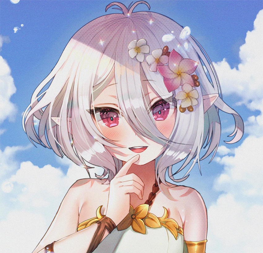 1girl antenna_hair bare_shoulders blush close-up collarbone eyebrows_visible_through_hair flower hair_flower hair_ornament hanato_(seonoaiko) highres kokkoro_(princess_connect!) looking_at_viewer messy_hair parted_lips pointy_ears princess_connect! princess_connect!_re:dive purple_eyes short_hair silver_hair smile solo upper_body upper_teeth