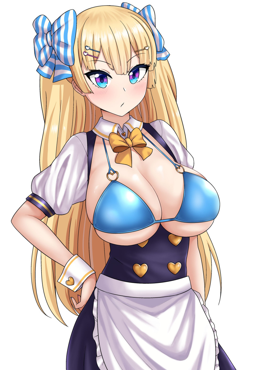 1girl absurdres apron bikini_top blonde_hair blue_bikini_top blush borrowed_character bow breasts cleavage collarbone cuff_links dress feet_out_of_frame frilled_apron frills garter_straps hair_bow hair_ornament heart-shaped_buttons highres large_breasts lina_(michihasu) long_hair multicolored multicolored_eyes nail_polish open_mouth original solo striped striped_bow striped_legwear the_only_shoe tray twintails very_long_hair waitress white_background yellow_neckwear