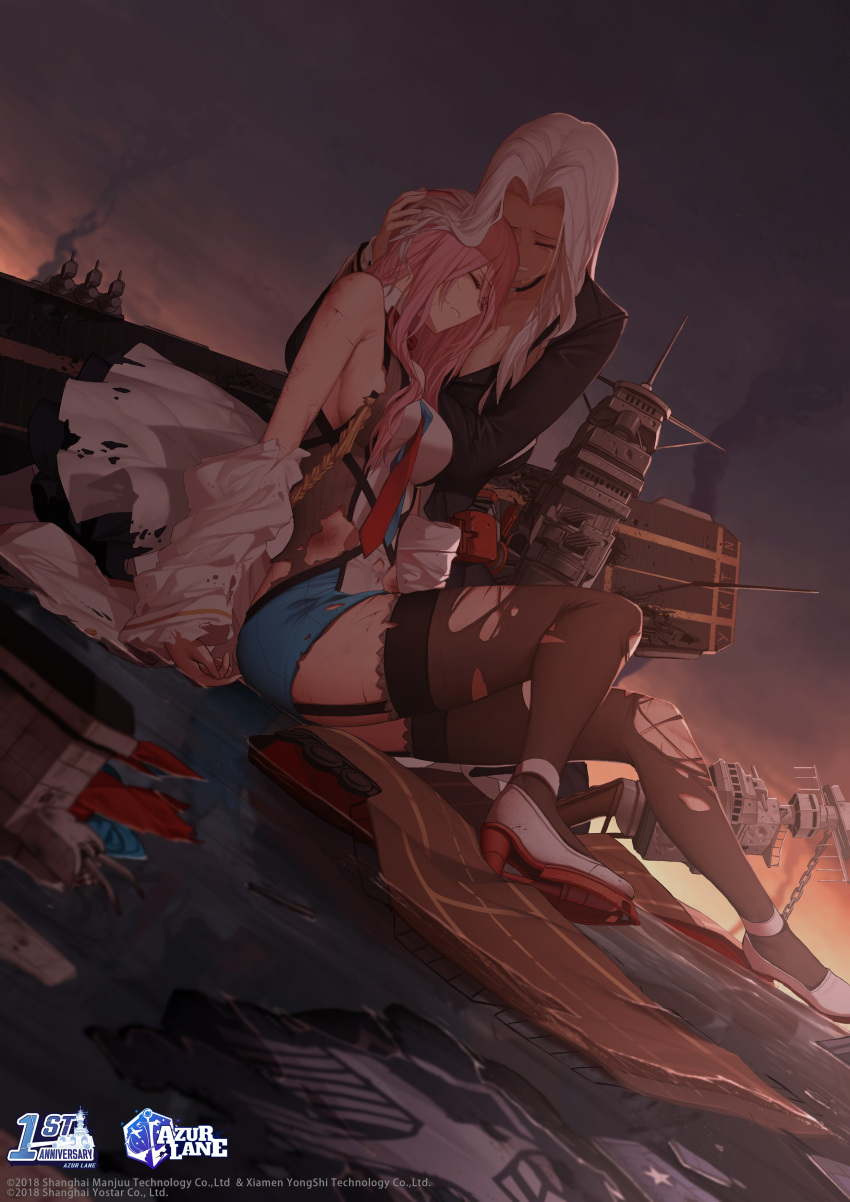 2girls absurdres azur_lane bangs bare_shoulders black_jacket breasts closed_eyes cloud cloudy_sky crying damaged dishwasher1910 dress flight_deck garter_straps gloves head_hug high_heels highres jacket lace lace-trimmed_legwear large_breasts lexington_(azur_lane) logo long_hair multicolored multicolored_clothes multicolored_dress multiple_girls necktie official_art on_water outdoors parted_bangs parted_lips pink_hair red_neckwear rigging rudder_footwear sitting sky smoke sunset torn_clothes torn_legwear very_long_hair watermark white_footwear white_hair yorktown_(azur_lane)