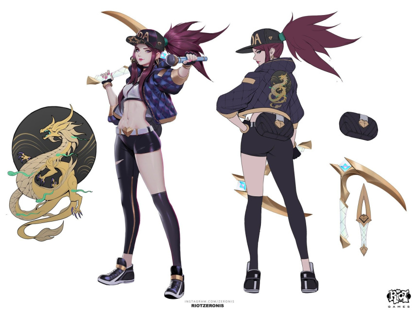 1girl akali asymmetrical_clothes asymmetrical_legwear baseball_cap belt breasts earrings fingerless_gloves full_body gloves hat highres holding holding_weapon idol jacket jewelry k/da_(league_of_legends) k/da_akali kunai league_of_legends makeup microphone midriff multiple_views nail_polish official_art open_clothes open_jacket ponytail purple_hair shoes small_breasts sneakers source_request thighhighs weapon