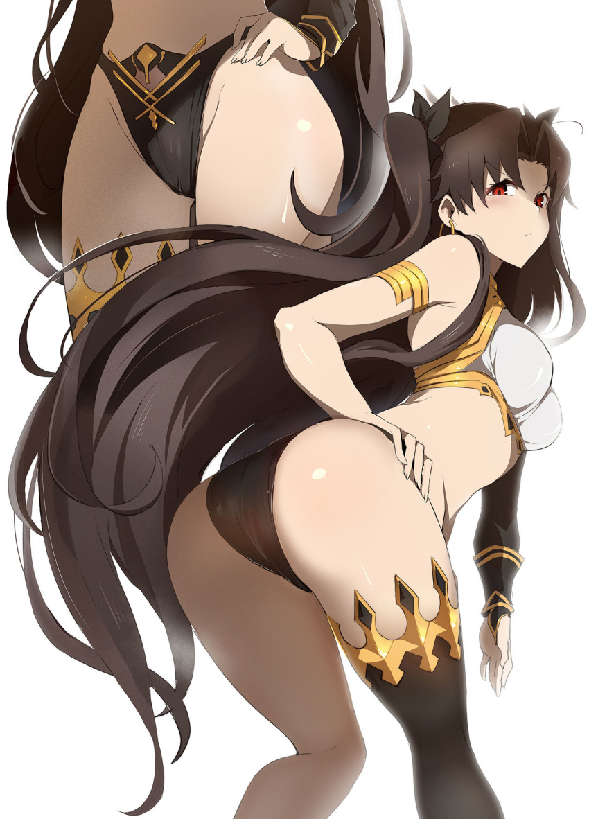 1girl armlet ass asymmetrical_legwear asymmetrical_sleeves bangs bare_shoulders bent_over bikini black_bikini_bottom black_bow black_hair black_legwear black_sleeves blush bow breasts bridal_gauntlets detached_collar detached_sleeves earrings fate/grand_order fate_(series) hair_bow hand_on_hip highleg highleg_bikini highres hoop_earrings ishtar_(fate/grand_order) jewelry leaning_forward long_hair looking_at_viewer looking_back multiple_views neck_ring parted_bangs red_eyes simple_background single_detached_sleeve single_thighhigh swimsuit thighhighs thighlet thighs tiara two_side_up white_background white_bikini_top xiaodi