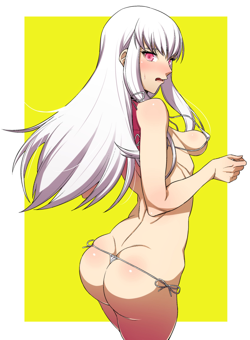 1girl ass back bikini blush breasts fire_emblem fire_emblem:_three_houses from_side highres long_hair lysithea_von_ordelia micro_bikini open_mouth pink_eyes side-tie_bikini simple_background small_breasts solo swimsuit tesu wedgie white_bikini white_hair white_legwear yellow_background