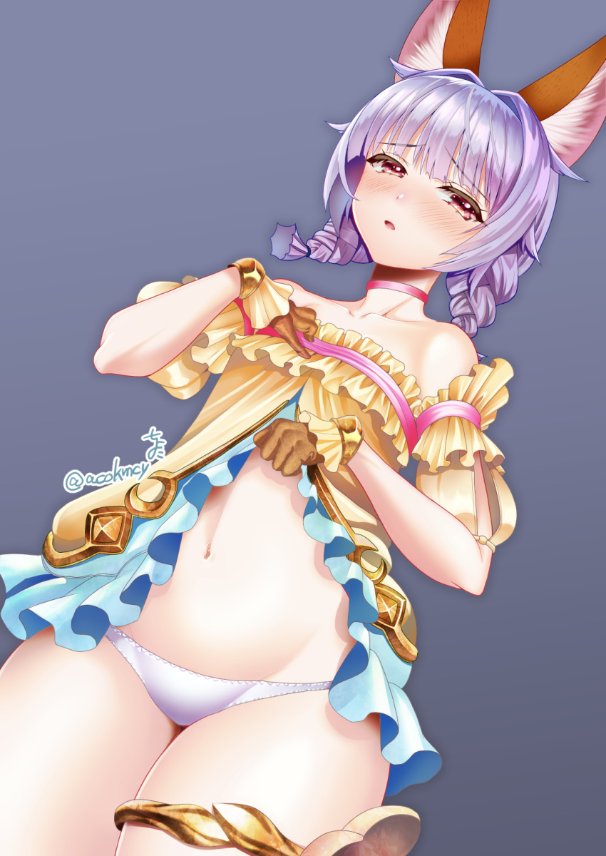 1girl animal_ear_fluff animal_ears bare_shoulders blue_dress blush braid brown_gloves choker commentary_request dog_ears dress dress_lift elin_(tera) gloves hand_on_own_chest highres kumehara_chiyota lifted_by_self lowleg lowleg_panties navel open_mouth panties purple_background purple_eyes purple_hair shirt short_dress short_hair simple_background solo strapless strapless_dress tera_online thighlet thighs twin_braids twintails underwear white_panties yellow_shirt