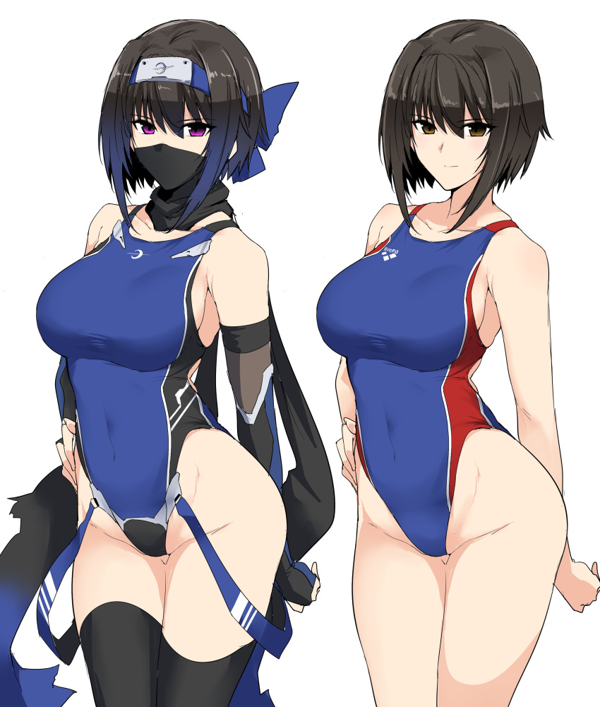 1girl absurdres bangs bare_arms bare_shoulders black_hair black_legwear black_scarf blue_swimsuit breasts bridal_gauntlets brown_eyes closed_mouth collarbone commentary_request competition_swimsuit covered_navel cowboy_shot eyebrows_visible_through_hair face_mask forehead_protector groin hair_between_eyes hand_on_hip harukon_(halcon) highleg highleg_swimsuit highres large_breasts legs_together light_smile looking_at_viewer mask multiple_views ninja ninja_mask one-piece_swimsuit original pink_eyes scarf shiny shiny_hair short_hair sidelocks simple_background standing swimsuit thighhighs variations white_background
