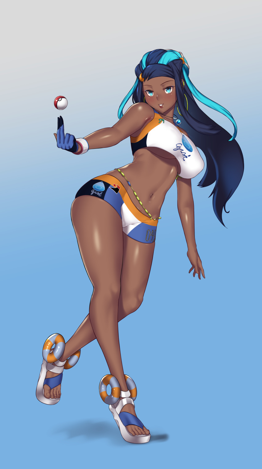 1girl absurdres armlet aster_crowley bare_shoulders belly_chain blue_background blue_eyeshadow blue_hair blue_shorts blush breasts dark_skin earrings eyeliner forehead full_body gloves gradient gradient_background gym_leader hair_bun highres hoop_earrings jewelry large_breasts legs long_hair looking_at_viewer makeup multicolored_hair navel necklace parted_lips partly_fingerless_gloves poke_ball poke_ball_(generic) pokemon pokemon_(game) pokemon_swsh rurina_(pokemon) sandals short_shorts shorts single_glove smile solo sports_bra sportswear two-tone_hair