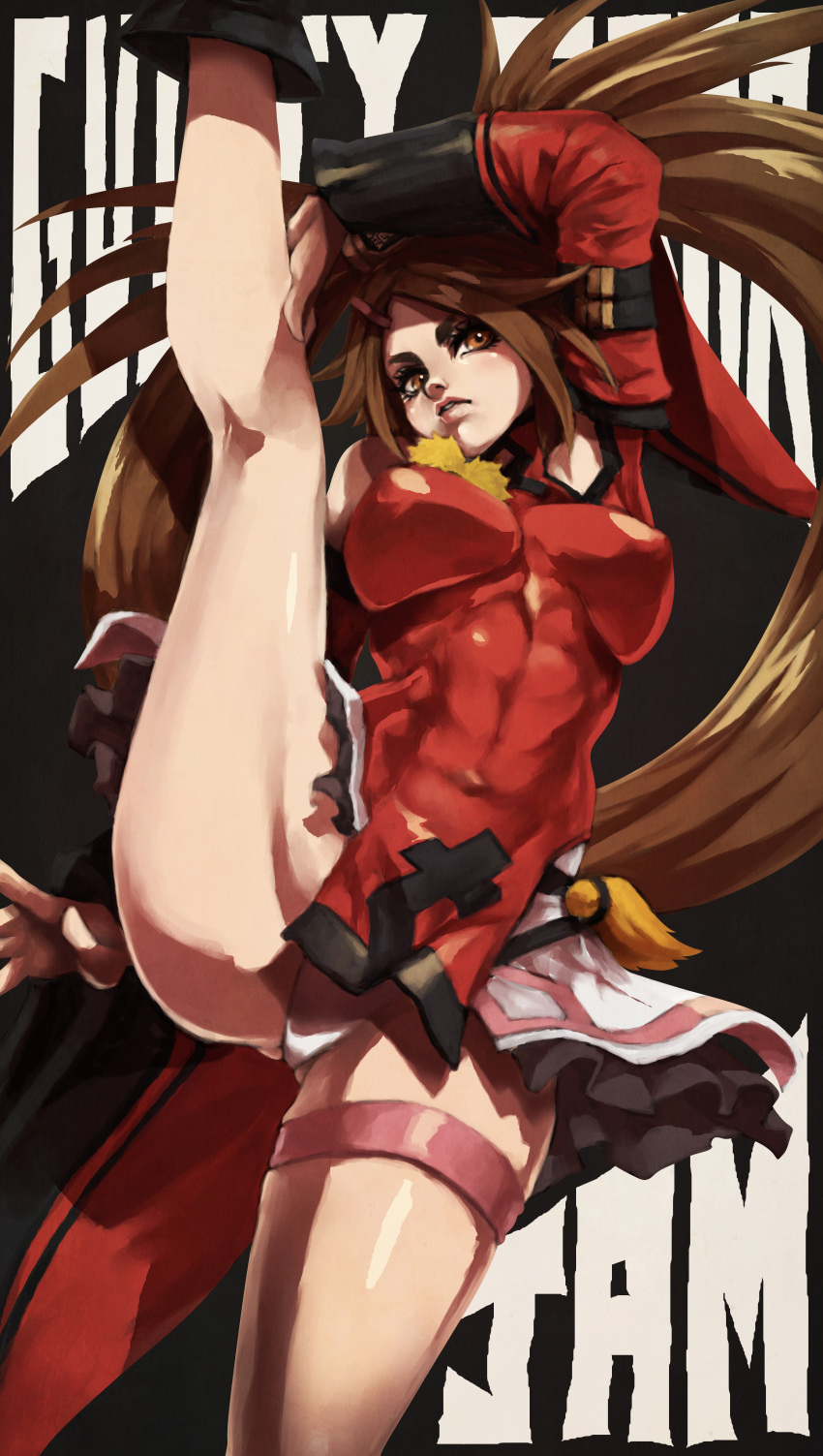 1girl abs absurdres ankle_boots bangs big_hair boots breasts brown_eyes brown_hair character_name china_dress chinese_clothes commentary covered_navel detached_sleeves dress english_commentary guilty_gear guilty_gear_xrd hair_ornament hair_tubes hairclip high_kick highres impossible_clothes impossible_dress kicking kneepits kuradoberi_jam large_breasts leg_up lips long_hair makeup mascara microdress monori_rogue nose panties pantyshot_(kicking) parted_bangs red_dress skin_tight solo thick_eyebrows thigh_strap thighs underwear very_long_hair white_panties wide_sleeves