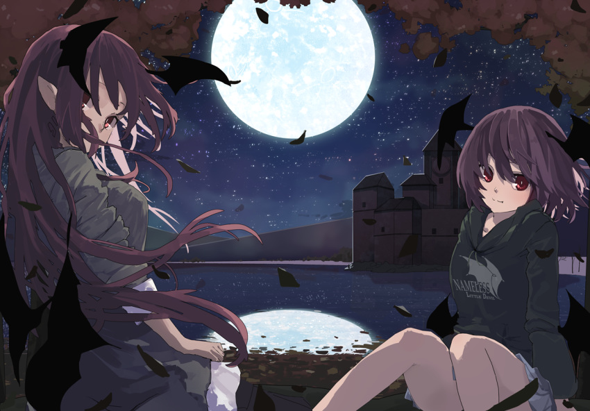 2girls alternate_costume autumn_leaves black_hoodie building casual clothes_writing commentary_request contemporary demon_wings dual_persona feathers feet_out_of_frame full_moon futatsuki_eru grey_shirt grey_skirt head_wings hood hoodie knees_up koakuma lake long_hair long_sleeves looking_at_viewer low_wings mansion miniskirt misty_lake moon multiple_girls night night_sky outdoors pleated_skirt pointy_ears red_eyes red_hair reflection scarlet_devil_mansion shirt short_hair sitting skirt sky sleeves_rolled_up touhou wings