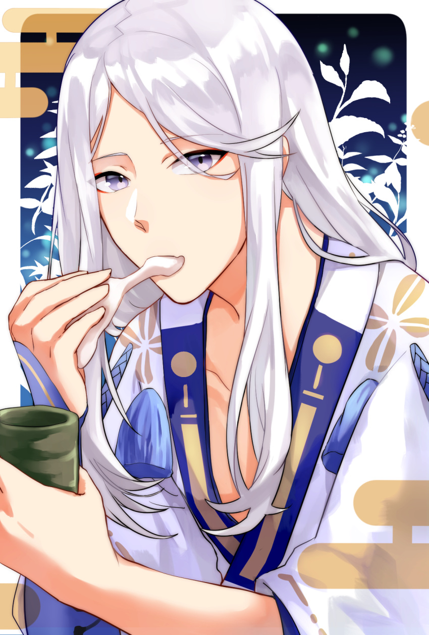 1boy abe_no_seimei_(onmyoji) eating food highres holding holding_food long_hair male_focus onmyoji purple_eyes solo tiyi_(tiyi_a09) white_hair