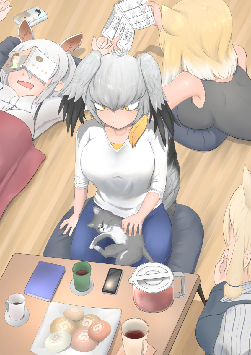 4girls alpaca_ears alpaca_suri_(kemono_friends) alternate_costume animal animal_ears animal_on_lap bangs bare_shoulders bird_tail black_hair blonde_hair book bow bowtie cat cellphone closed_mouth contemporary covered_eyes cup extra_ears food fox_ears grey_hair hair_between_eyes highres holding holding_book indoors japari_bun john_(a2556349) kemono_friends looking_at_another low_ponytail lying manga_(object) medium_hair multicolored_hair multiple_girls object_on_head on_back on_floor open_book orange_eyes orange_hair pants phone pillow reading saucer shirt shoebill_(kemono_friends) side_ponytail sidelocks sitting sleeping sleeveless sleeveless_shirt smartphone smile solo_focus southern_tamandua_(kemono_friends) sweatdrop table tail tibetan_sand_fox_(kemono_friends) two-tone_hair white_hair wooden_floor