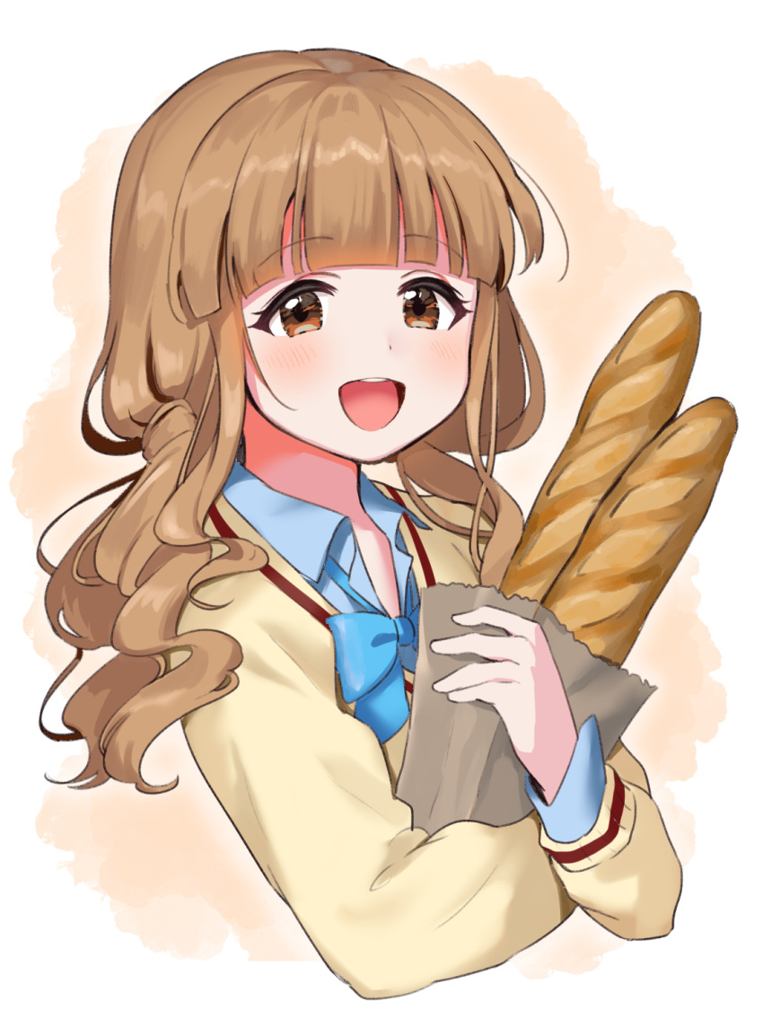 1girl :d bag baguette bangs battle_girl_high_school blue_bow blue_shirt blunt_bangs bow bowtie bread brown_eyes brown_hair cardigan food highres kiyosato0928 long_hair looking_at_viewer nanashima_aoi open_mouth paper_bag shirt smile solo sweater upper_body yellow_sweater