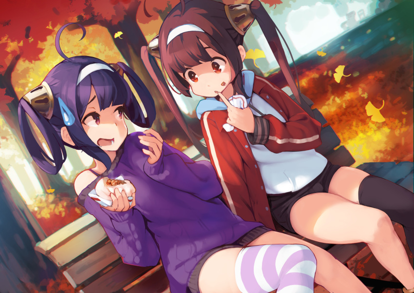 2girls ahoge alternate_costume ataruman autumn autumn_leaves azur_lane bangs baozi bare_legs bench black_legwear black_shorts brown_hair casual commentary_request contemporary day dress dutch_angle falling_leaves finger_to_mouth food food_on_face ginkgo_leaf hair_ribbon hairband hairpods highres holding holding_food index_finger_raised jacket leaf long_hair long_sleeves multiple_girls ning_hai_(azur_lane) on_bench open_clothes open_jacket open_mouth outdoors park park_bench ping_hai_(azur_lane) purple_eyes purple_hair purple_sweater red_eyes red_jacket ribbon shirt short_shorts shorts single_bare_shoulder single_thighhigh sitting sleeves_past_wrists striped striped_legwear sweatdrop sweater sweater_dress tareme thighhighs tree twintails very_long_hair white_hairband white_shirt wrapper