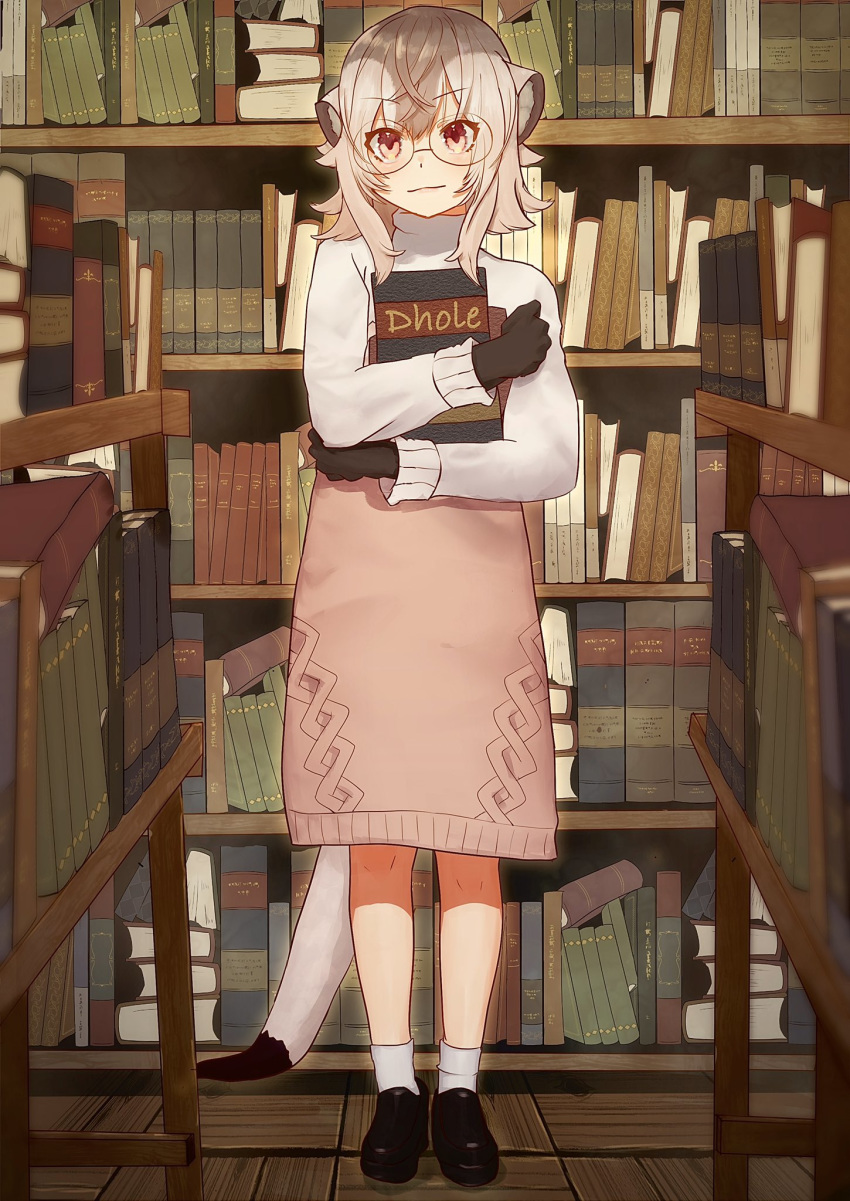 1girl animal_ears bobby_socks book bookshelf glasses gloves highres holding holding_book kemono_friends kemono_friends_3 library long_sleeves meerkat_(kemono_friends) meerkat_ears meerkat_tail multicolored_hair object_hug ponta_(matsuokazieg) red_eyes shoes short_hair silver_hair socks solo standing sweater tail turtleneck turtleneck_sweater two-tone_hair white_sweater