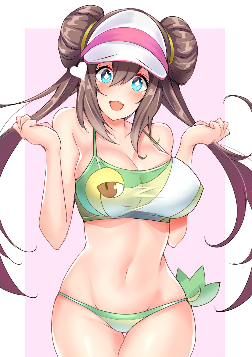 1girl animal_print bangs bare_shoulders bikini blue_eyes blush border breasts brown_hair cleavage collarbone commentary_request double_bun gen_5_pokemon green_bikini heart highres large_breasts long_hair looking_at_viewer mei_(pokemon) navel open_mouth pink_background pokemon pokemon_(creature) pokemon_(game) pokemon_bw2 pokemon_masters sankakusui simple_background smile snivy solo sparkling_eyes swimsuit thighs twintails visor_cap white_border