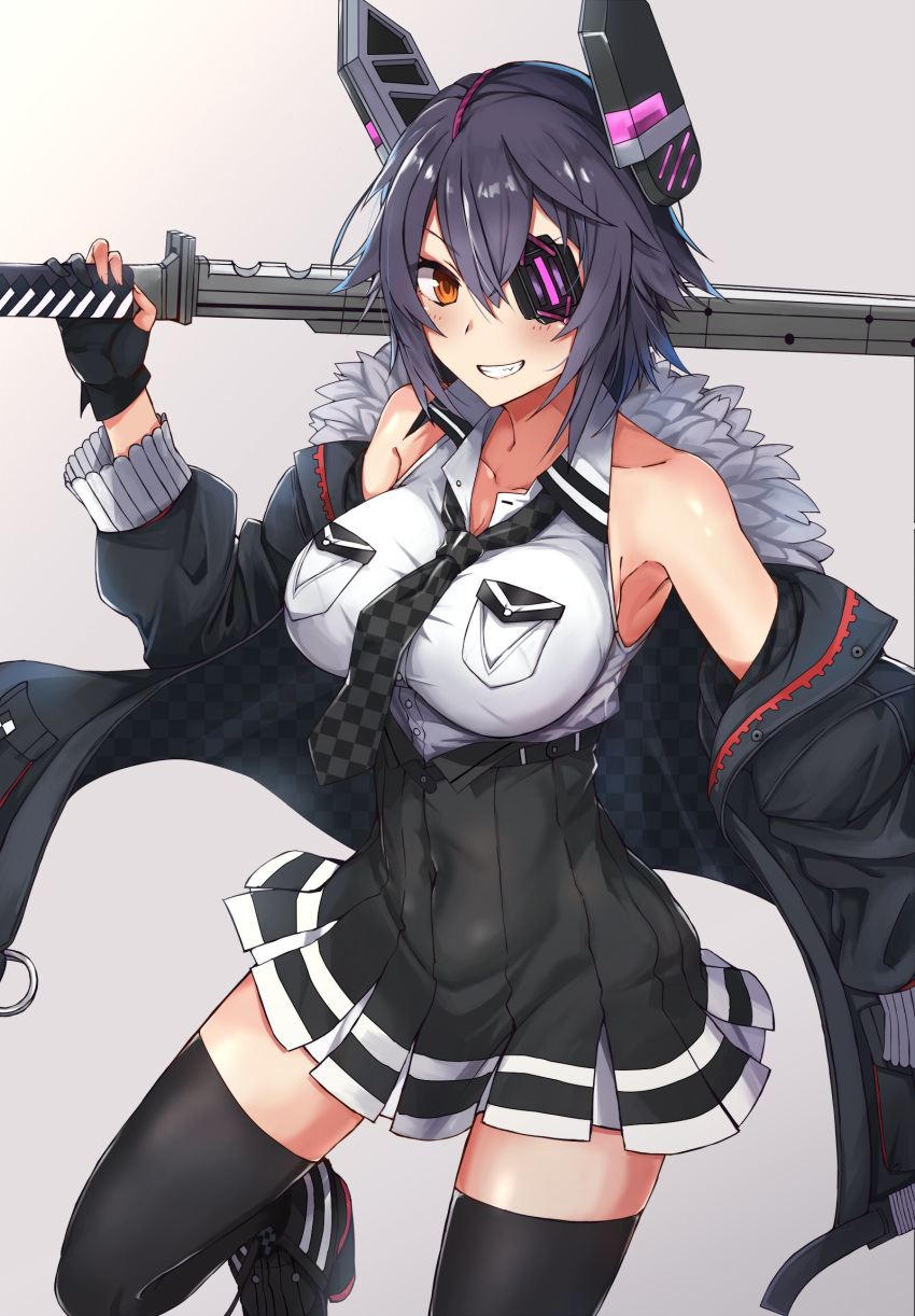1girl black_gloves black_jacket black_legwear black_skirt breasts checkered checkered_neckwear commentary_request cowboy_shot eyepatch fur-trimmed_jacket fur_trim gloves gradient gradient_background grey_background grin hasumushi headgear highres jacket kantai_collection large_breasts looking_at_viewer partly_fingerless_gloves pleated_skirt purple_hair remodel_(kantai_collection) shirt short_hair skirt sleeveless sleeveless_shirt smile solo sword tenryuu_(kantai_collection) thighhighs weapon white_shirt yellow_eyes