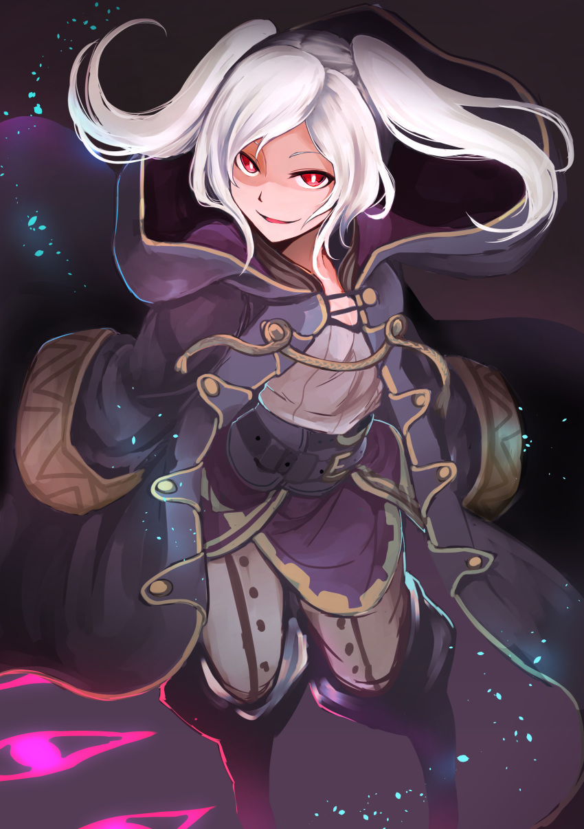 1girl absurdres commentary_request corruption dark_background dark_persona evil_grin evil_smile fire_emblem fire_emblem_awakening fire_emblem_heroes glowing grima_(fire_emblem) grin highres long_sleeves looking_at_viewer medium_hair nakabayashi_zun red_eyes robe robin_(fire_emblem) robin_(fire_emblem)_(female) shaded_face smile solo twintails white_hair