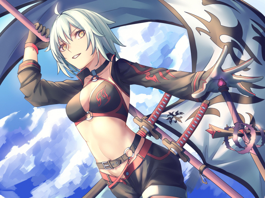 1girl absurdres ahoge bangs banner belt black_bikini_top black_gloves black_shorts black_sleeves breasts brown_belt cleavage cloud cowboy_shot criss-cross_halter day eyebrows_visible_through_hair fate/grand_order fate_(series) gloves grin halterneck hand_on_hilt highres holding huge_filesize jeanne_d'arc_(alter_swimsuit_berserker) jeanne_d'arc_(fate)_(all) long_sleeves medium_breasts navel o-ring o-ring_top outdoors outstretched_hand print_bikini_top red_belt short_hair short_shorts shorts shrug_(clothing) silver_hair smile solo standing sword weapon yangsan_(2991076090) yellow_eyes