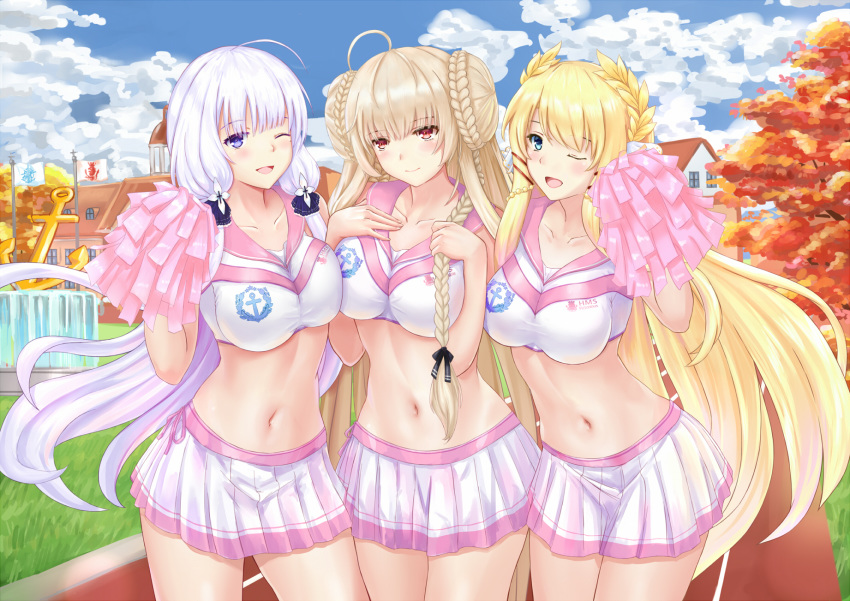 3girls :d ;d ahoge anchor autumn azur_lane bare_arms blonde_hair blue_eyes blue_sky braid braided_bun breasts brown_hair building cheerleader cloud collarbone commentary_request crop_top day double_bun flag formidable_(azur_lane) hair_bun hair_ribbon hands_on_own_chest hands_up highres holding_pom_poms illustrious_(azur_lane) large_breasts laurel_crown logo long_hair looking_at_viewer midriff miniskirt multiple_girls navel one_eye_closed open_mouth outdoors pixiv8724247 pleated_skirt pom_poms purple_eyes red_eyes revision ribbon sailor_collar shirt side-by-side skirt sky sleeveless sleeveless_shirt smile standing stomach tree very_long_hair victorious_(azur_lane) white_hair white_shirt white_skirt