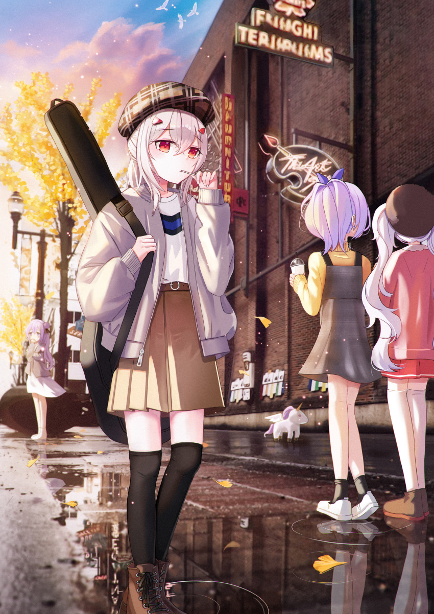 4girls absurdres ahoge alicorn alternate_costume ayanami_(azur_lane) azur_lane black_legwear blurry building candy casual chupa_chups cloud cloudy_sky commentary_request contemporary depth_of_field food guitar_case hair_bun hair_ornament hair_ribbon hairclip hat highres huge_filesize instrument_case iren_lovel jacket javelin_(azur_lane) laffey_(azur_lane) lamppost lollipop long_hair mouth_hold multiple_girls one_side_up ponytail purple_eyes purple_hair red_eyes reflection reflective_floor ribbon scenery shoes side_bun silver_hair sky thighhighs twilight twintails unicorn_(azur_lane) walking wind zettai_ryouiki