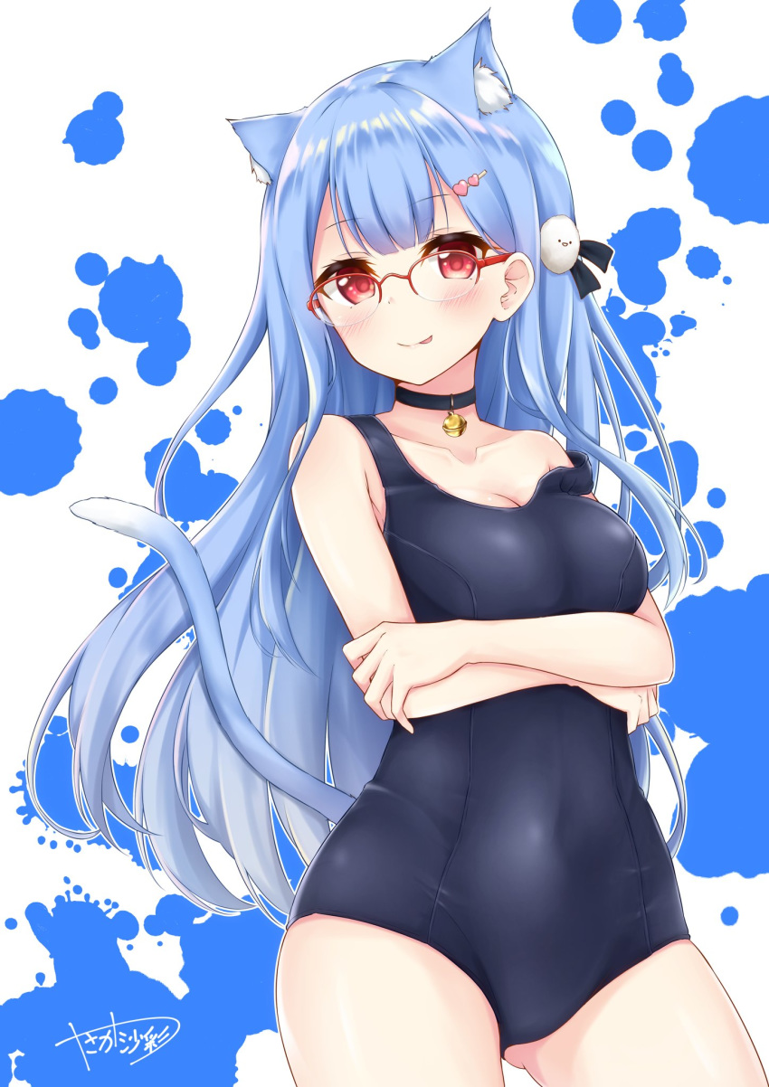 1girl animal_ear_fluff animal_ears ass_visible_through_thighs blue_hair blue_swimsuit blush cat_ears cat_tail closed_mouth collarbone covered_navel cowboy_shot crossed_arms glasses hair_ornament highres long_hair looking_at_viewer over-rim_eyewear paint_splatter plivyou red-framed_eyewear red_eyes school_swimsuit semi-rimless_eyewear shikai_yue signature simple_background smile solo swimsuit tail thighs tongue tongue_out very_long_hair virtual_youtuber yasaka_(astray_l)