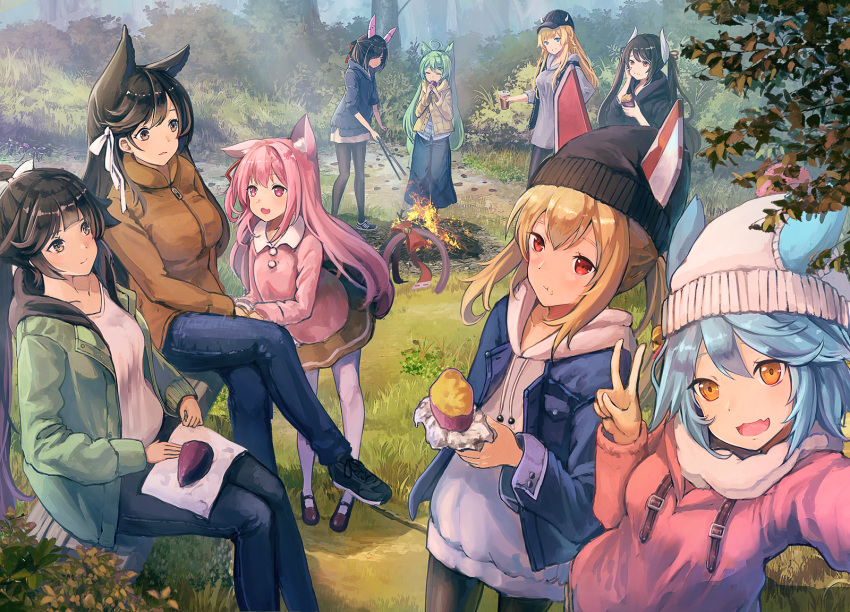 6+girls ahoge akashi_(azur_lane) alternate_costume animal_ear_fluff animal_ears atago_(azur_lane) ayanami_(azur_lane) azur_lane bangs baseball_cap black_hair black_legwear blonde_hair blue_eyes blue_hair blunt_bangs breasts brown_eyes casual cat_ears cat_tail eating extra_ears eyebrows_visible_through_hair fire food forest fubuki_(azur_lane) green_hair hair_flaps hair_over_one_eye hair_ribbon haruna_(azur_lane) hat headgear highres horns jacket kisaragi_(azur_lane) kongou_(azur_lane) large_breasts long_hair looking_at_another looking_at_viewer medium_breasts multiple_girls nature open_clothes open_jacket open_mouth outdoors pantyhose pink_eyes pink_hair ponytail red_eyes ribbon self_shot shiranui_(azur_lane) short_hair skirt swept_bangs tail takao_(azur_lane) twintails white_legwear yellow_eyes yu_ni_t