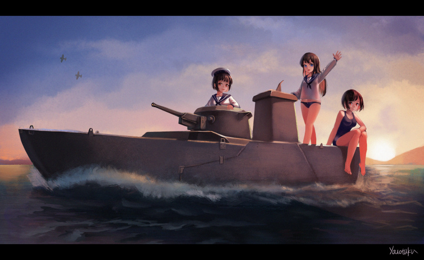 3girls absurdres aircraft airplane arm_up barefoot black_panties blue_eyes boat breasts brown_hair cannon cloud dusk ground_vehicle hat highres huge_filesize legs long_hair military military_vehicle motor_vehicle multiple_girls no_pants ocean one-piece_swimsuit open_mouth original outdoors panties red_eyes sailor_hat school_swimsuit school_uniform serafuku shirt short_hair sitting sky smile special_type_2_launch_ka-mi sun sunset swimsuit tank toes turret underwear water watercraft waving white_headwear white_shirt youotaku