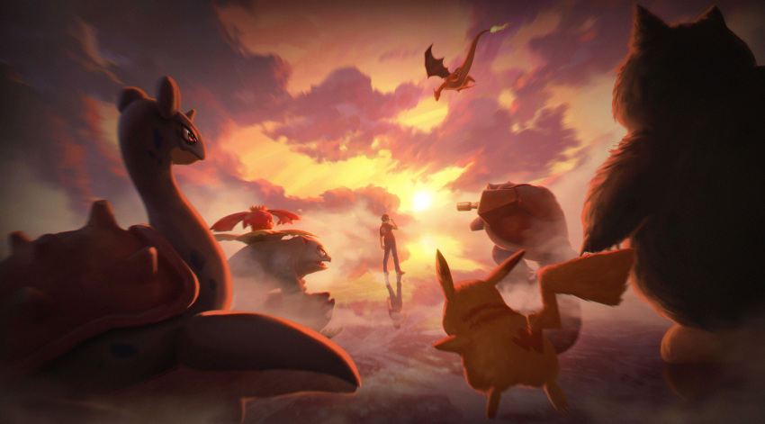 absurdres adjusting_clothes adjusting_headwear arm_at_side blastoise charizard full_body highres holding holding_poke_ball horizon lapras looking_back pikachu poke_ball pokemon pokemon_(creature) pokemon_rgby red_(pokemon) reflective_floor snorlax standing sunset venusaur wer_(no0701)