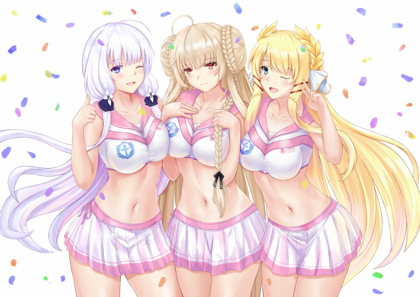 3girls :d ;d ahoge autumn azur_lane bare_arms bare_shoulders blonde_hair blue_eyes blue_sky braid braided_bun breasts brown_hair cheerleader cloud collarbone crop_top double_bun formidable_(azur_lane) hair_bun hair_ribbon hands_on_own_chest hands_up highres illustrious_(azur_lane) large_breasts laurel_crown logo long_hair looking_at_viewer midriff miniskirt multiple_girls navel one_eye_closed open_mouth pixiv8724247 pleated_skirt purple_eyes red_eyes revision ribbon sailor_collar shirt side-by-side skirt sky sleeveless sleeveless_shirt smile standing stomach thumbs_up v very_long_hair victorious_(azur_lane) white_background white_hair white_shirt white_skirt