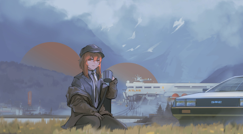 1girl absurdres aegisfate black_headwear black_legwear black_neckwear brown_jacket car cup day delorean grass grey_suit ground_vehicle hat highres holding holding_cup jacket motor_vehicle necktie orange_eyes orange_hair outdoors scenery sitting