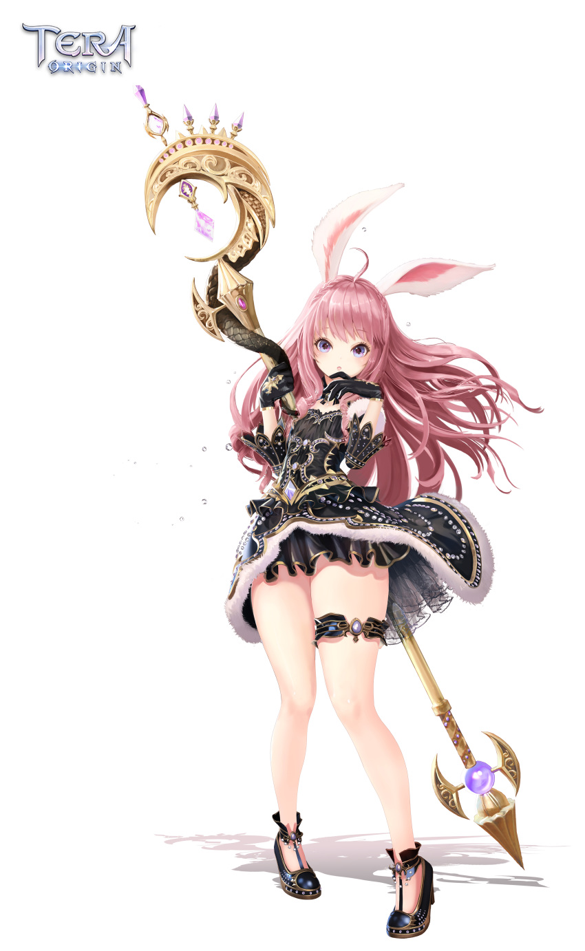 1girl absurdres ahoge animal_ears arm_up bare_legs black_dress black_gloves blue_eyes brown_hair bunny_ears dress elin_(tera) full_body gloves hand_to_own_mouth highres ji-hyun_ro legs long_hair official_art shoes showgirl_skirt simple_background solo staff standing tera_online thigh_strap weapon white_background wind wind_lift