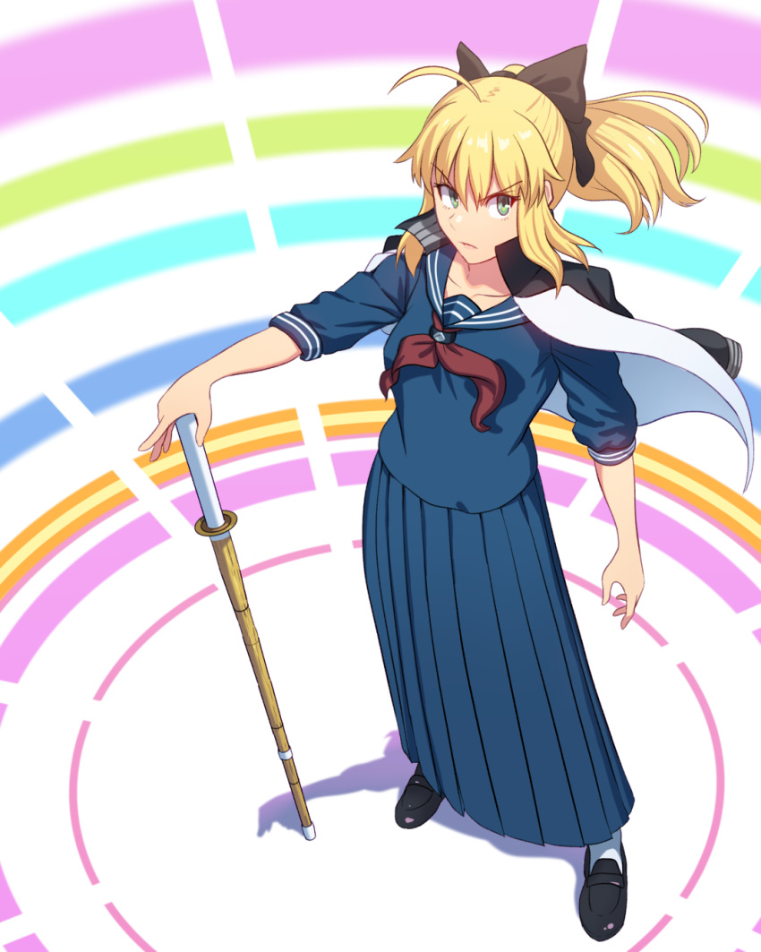 &gt;:( 1girl artoria_pendragon_(all) bangs black_bow black_footwear blonde_hair blue_sailor_collar blue_shirt blue_skirt bow closed_mouth commentary_request eyebrows_visible_through_hair fate/stay_night fate_(series) fateline_alpha full_body green_eyes hair_bow highres jacket jacket_on_shoulders loafers long_hair long_skirt long_sleeves looking_at_viewer neckerchief pleated_skirt ponytail red_neckwear saber sailor_collar school_uniform serafuku serious shadow shirt shoes sidelocks skirt solo standing sukeban sword weapon white_jacket wooden_sword