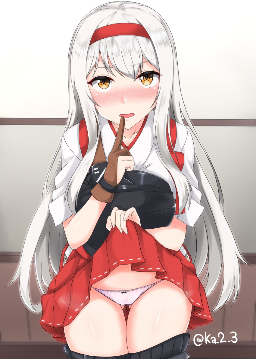 1girl absurdres blush boots brown_gloves eyebrows_visible_through_hair gloves hairband hakama hakama_skirt highres index_finger_raised indoors japanese_clothes ka_tsumi kantai_collection long_hair muneate nose_blush panties partly_fingerless_gloves red_hairband red_hakama red_skirt shoukaku_(kantai_collection) single_glove skirt skirt_lift solo tasuki thigh_boots thighhighs thighs twitter_username underwear white_hair white_panties yellow_eyes yugake