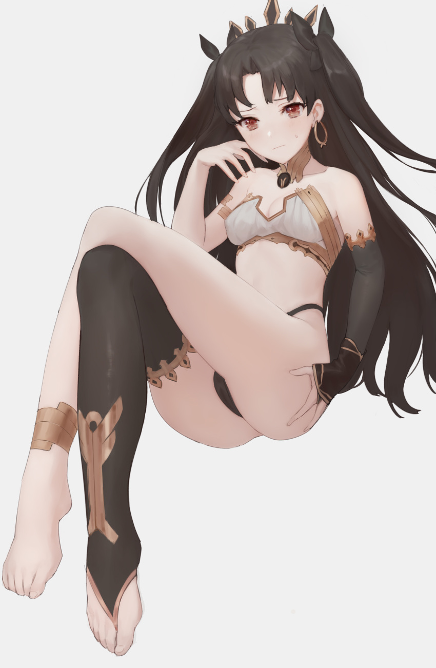 absurdres anklet anouetto armlet asymmetrical_legwear asymmetrical_sleeves bad_anatomy barefoot bridal_gauntlets detached_collar earrings elbow_gloves error fate/grand_order fate_(series) feet gloves highres hoop_earrings ishtar_(fate/grand_order) jewelry neck_ring single_elbow_glove single_thighhigh thighhighs toeless_legwear wrong_feet
