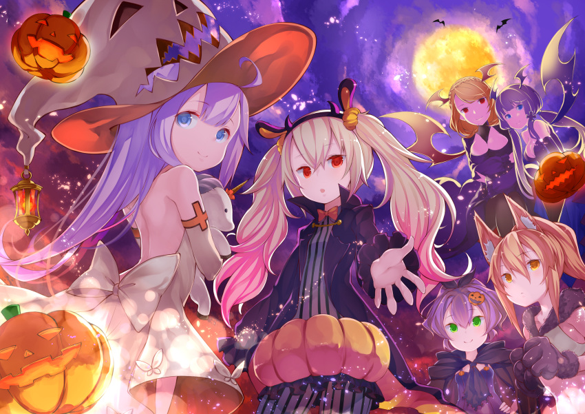 6+girls :d absurdres alternate_costume animal_ears ayanami_(azur_lane) azur_lane bare_back bare_shoulders bat black_dress black_gloves blonde_hair blue_eyes braid breasts cape cleavage cloud cloudy_sky commentary_request demon_wings dress elbow_gloves full_moon gloves green_eyes hair_ribbon hair_tubes hairband halloween hat highres hood hooded_cape huge_filesize illustrious_(azur_lane) jack-o'-lantern javelin_(azur_lane) karu_a_miruku laffey_(azur_lane) light_brown_hair long_hair moon multiple_girls night night_sky off-shoulder_dress off_shoulder open_mouth paw_gloves paws ponytail prince_of_wales_(azur_lane) pumpkin pumpkin_pants purple_eyes purple_hair red_eyes ribbon short_hair silver_hair sky smile stuffed_alicorn stuffed_animal stuffed_pegasus stuffed_toy stuffed_unicorn tri_tails twintails unicorn_(azur_lane) wings witch_hat wolf_ears yellow_eyes