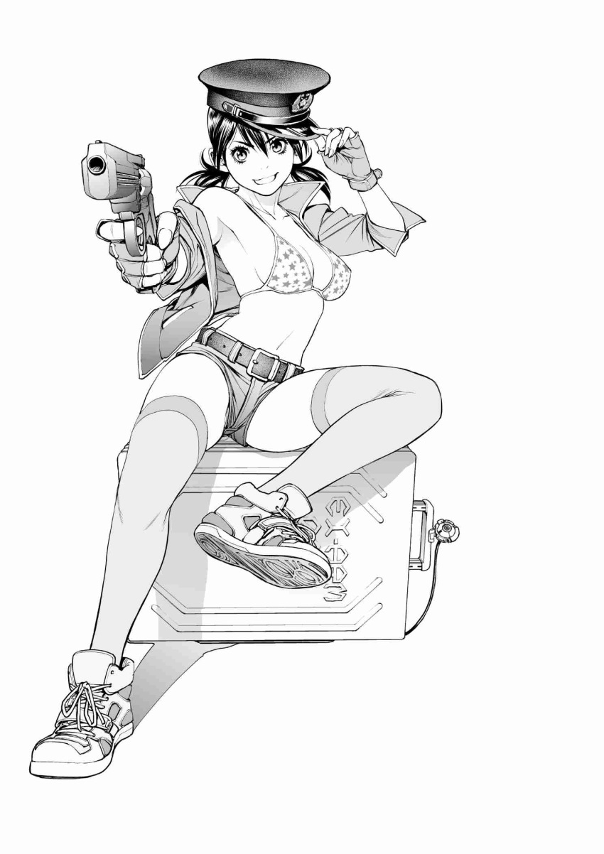 1girl aiming aiming_at_viewer armpits bangs belt bikini bikini_under_clothes black_hair breasts cleavage collarbone commentary_request copyright_name covered_nipples ex-arm fingerless_gloves gloves greyscale groin gun hand_on_headwear hand_up handgun hat highres holding holding_gun holding_weapon jacket komi_shin'ya looking_at_viewer medium_breasts monochrome mp-412_rex navel official_art open_clothes open_jacket pistol police police_hat police_uniform policewoman print_bikini shadow shoes short_shorts shorts sitting smile sneakers solo spread_legs star star_print stomach swimsuit thighhighs thighs trigger_discipline twintails uenozono_minami underwear uniform v-shaped_eyebrows weapon white_background
