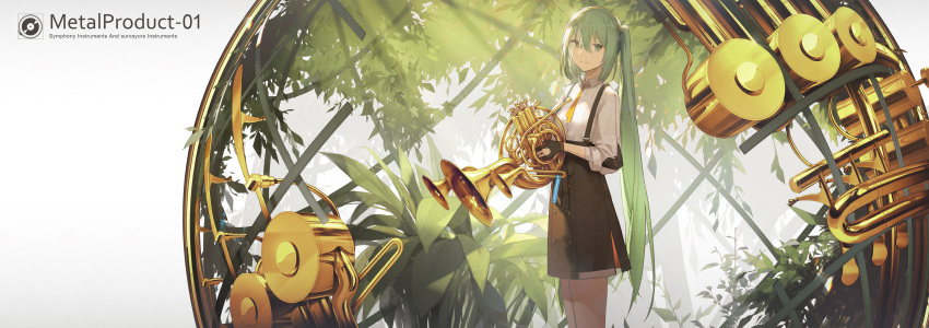1girl absurdres black_gloves black_ribbon black_skirt commentary cowboy_shot double-breasted french_horn gloves green_eyes green_hair hatsune_miku highres holding holding_instrument instrument kieed light_smile long_hair long_sleeves looking_at_viewer neck_ribbon partly_fingerless_gloves plant ribbon shirt skirt standing suspender_skirt suspenders twintails very_long_hair vocaloid white_shirt yellow_neckwear yellow_ribbon