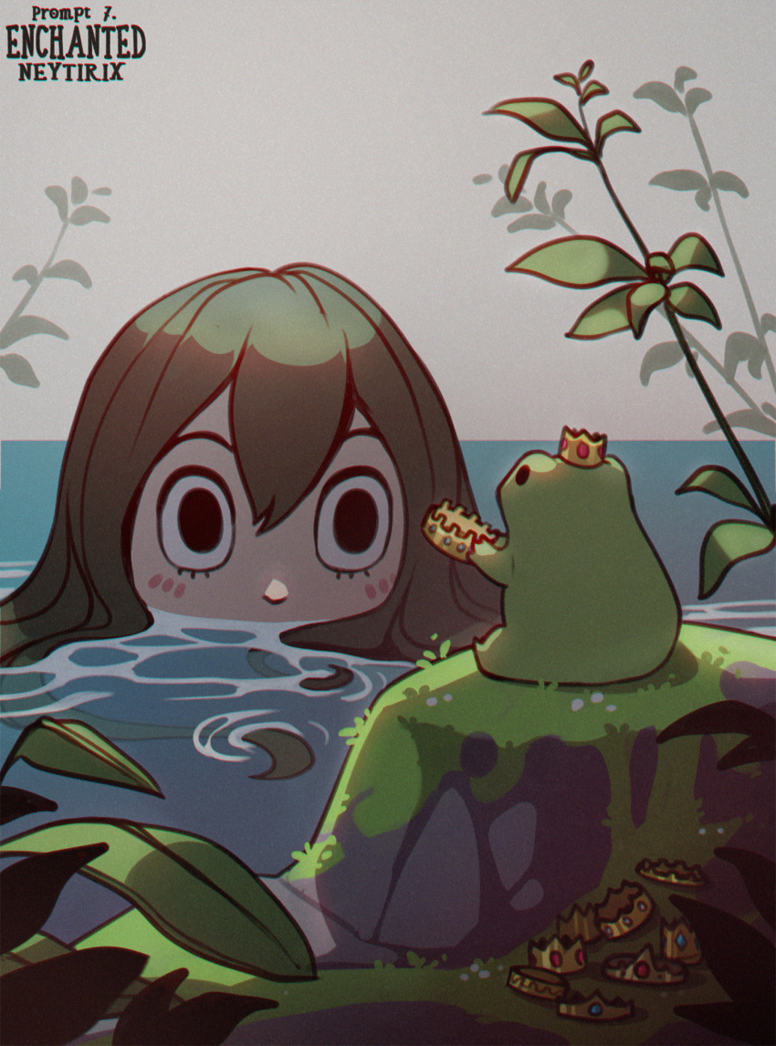 1girl asui_tsuyu black_eyes boku_no_hero_academia crown frog frog_girl green_hair hair_between_eyes highres looking_at_another neytirix partially_submerged plant sitting water