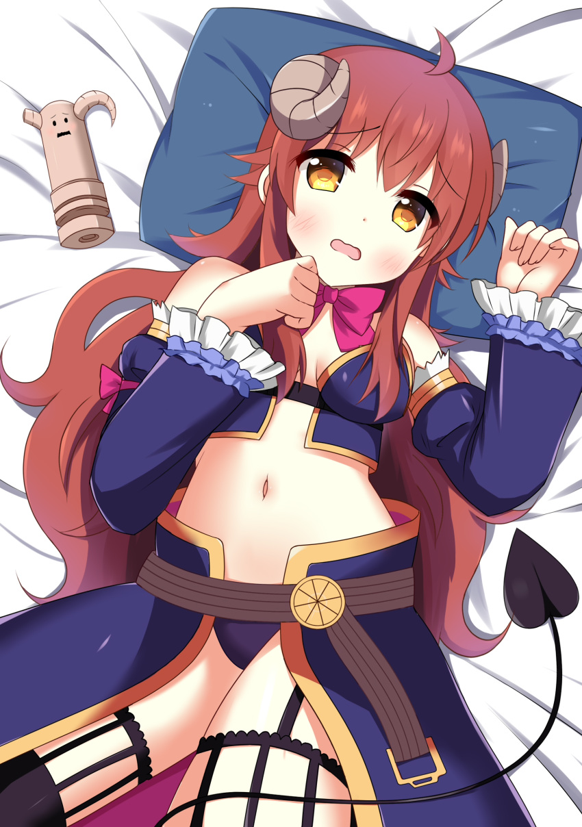 1girl absurdres ahoge bangs bare_shoulders bed_sheet black_legwear blue_sleeves blush bow breasts brown_eyes brown_hair commentary curled_horns demon_girl demon_horns demon_tail detached_sleeves eyebrows_visible_through_hair garter_straps hair_between_eyes hands_up highres horns juliet_sleeves long_hair long_sleeves looking_at_viewer lying machikado_mazoku medium_breasts navel on_back open_mouth pillow pink_bow puffy_sleeves solo tail thighhighs very_long_hair wavy_mouth xiaosamiao yoshida_yuuko_(machikado_mazoku)