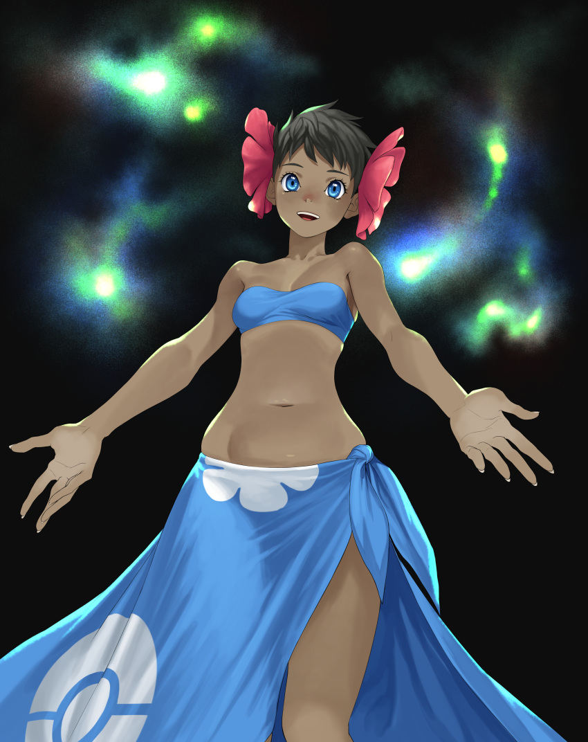 1girl absurdres bangs black_background black_hair blue_eyes blue_sarong blush breasts collarbone dark_skin elite_four energy flower fuyou_(pokemon) hair_flower hair_ornament happy highres navel nose_blush open_mouth outstretched_arm poke_ball_symbol poke_ball_theme pokemon pokemon_(game) pokemon_rse sarong short_hair small_breasts smile solo standing stomach strapless teeth tubetop turiganesou800