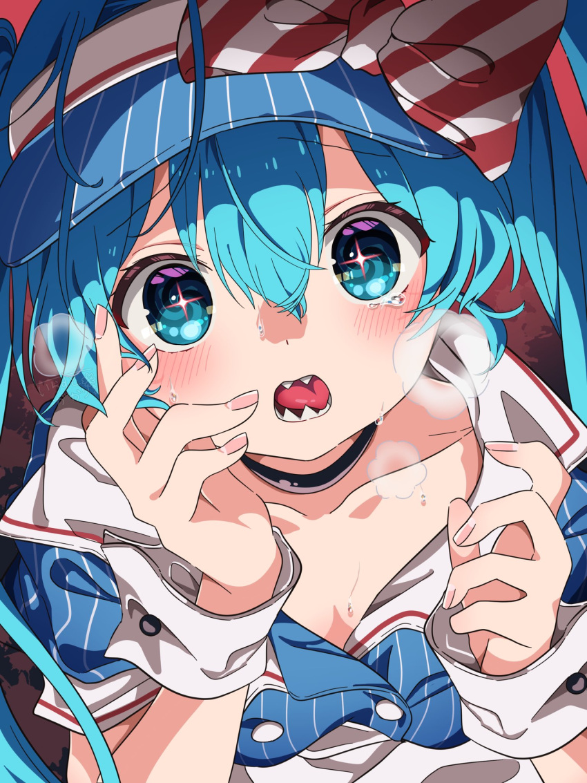 1girl black_choker blue_dress blue_eyes blue_hair blue_hat blush bow breasts buttons choker commentary_request dress fingernails hair_between_eyes hands_up hat hat_bow hatsune_miku highres irasutogakari looking_at_viewer mesmerizer_(vocaloid) open_mouth pinstripe_dress pinstripe_hat pinstripe_pattern red_bow sharp_teeth short_sleeves small_breasts solo star_(symbol) star_in_eye striped_bow symbol_in_eye teeth two-tone_bow upper_body visor_cap vocaloid white_bow white_wrist_cuffs wrist_cuffs
