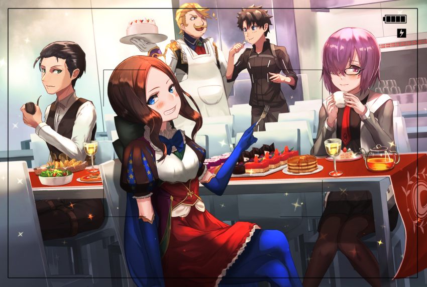 2girls 3boys announ_(kurotya) apron blonde_hair blue_eyes blue_gloves blue_legwear blush breasts brown_hair brown_legwear cake chair crossed_legs cup drink elbow_gloves fate/grand_order fate_(series) food fork fujimaru_ritsuka_(male) gloves goldorf_musik green_eyes hair_over_one_eye highres indoors leonardo_da_vinci_(fate/grand_order) leonardo_da_vinci_(rider)_(fate) long_hair long_sleeves looking_at_viewer mash_kyrielight multiple_boys multiple_girls necktie pancake pantyhose pipe polar_chaldea_uniform puffy_short_sleeves puffy_sleeves purple_hair red_eyes red_neckwear salad sherlock_holmes_(fate/grand_order) short_sleeves slice_of_cake small_breasts smile standing table tablecloth teacup tray viewfinder white_gloves