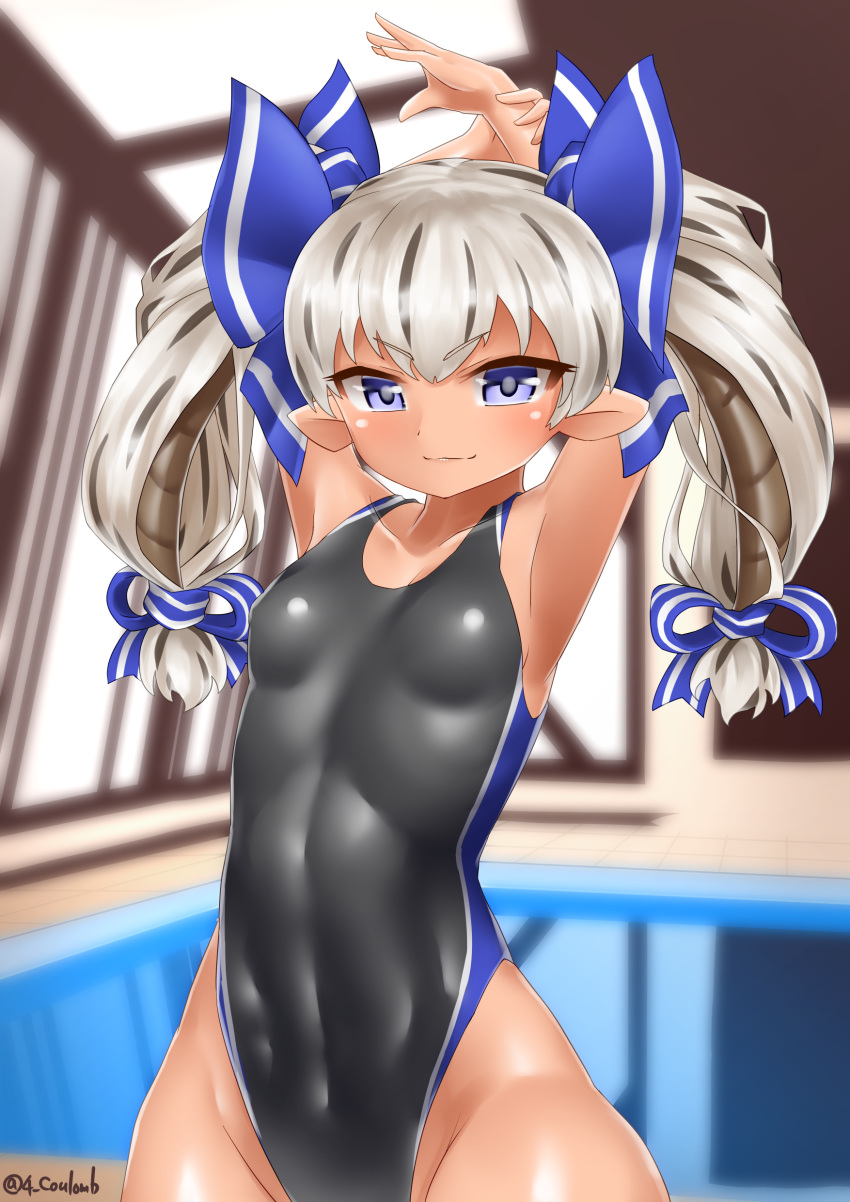 1girl absurdres arm_behind_head arms_up black_swimsuit blue_eyes blue_ribbon breasts commentary_request competition_swimsuit cowboy_shot eyebrows_visible_through_hair hair_ribbon highleg highleg_swimsuit highres indoors long_hair looking_at_viewer one-piece_swimsuit original pointy_ears pool rei_no_pool ribbon silver_hair small_breasts solo swimsuit twintails twitter_username yonkuron