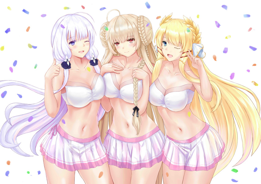 3girls :d ;d absurdres ahoge azur_lane bare_arms bare_shoulders blonde_hair blue_eyes bra braid braided_bun breasts brown_hair cleavage collarbone cowboy_shot double_bun formidable_(azur_lane) hair_bun hair_ribbon hands_on_own_chest hands_up highres illustrious_(azur_lane) large_breasts laurel_crown long_hair looking_at_viewer md5_mismatch miniskirt multiple_girls navel one_eye_closed open_mouth pixiv8724247 pleated_skirt purple_eyes red_eyes ribbon side-by-side skirt smile standing stomach thumbs_up underwear v very_long_hair victorious_(azur_lane) white_bra white_hair white_skirt