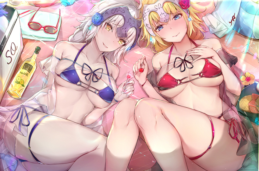 2girls alcohol bangs bare_shoulders beach_towel bikini blonde_hair blue_bikini blue_eyes blue_flower blue_rose blush bottle braid breasts breasts_apart cherry closed_mouth collarbone commentary_request cup day drinking_glass eyebrows_visible_through_hair fate/apocrypha fate/grand_order fate_(series) feet_out_of_frame fingernails flower food fruit hair_between_eyes hair_flower hair_ornament hand_on_own_chest headpiece innertube jeanne_d'arc_(alter)_(fate) jeanne_d'arc_(fate) jeanne_d'arc_(fate)_(all) long_braid long_hair looking_at_viewer lying medium_breasts multi-strapped_bikini multiple_girls nail_polish open_mouth outdoors pale_skin pink_nails purple_nails red_bikini red_flower red_rose rose sandals sherryqq side-tie_bikini sidelocks single_braid smile strap_gap sunglasses swimsuit thigh_gap towel wine wine_bottle wine_glass yellow_eyes
