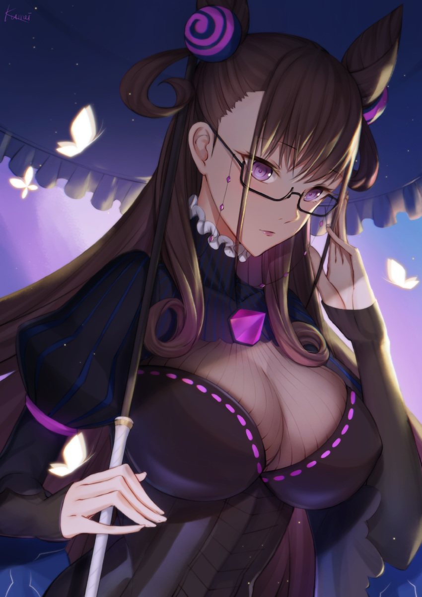 1girl breasts brown_hair bug butterfly cleavage double_bun expressionless fate/grand_order fate_(series) glasses hair_bun highres holding holding_umbrella insect kumei large_breasts lips lipstick long_hair makeup murasaki_shikibu_(fate) parasol purple_eyes purple_lipstick solo striped umbrella white_butterfly