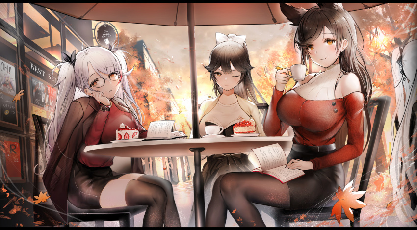 4girls absurdres animal_ears antenna_hair atago_(azur_lane) autumn autumn_leaves azur_lane bare_shoulders black_hair black_skirt blazer bow breasts brown_jacket brown_legwear cake chair cheek_rest closed_mouth commentary_request cup food formidable_(azur_lane) hair_bow hair_ribbon highres holding holding_cup jacket jacket_on_shoulders large_breasts leaf leaves_in_wind letterboxed long_hair long_sleeves looking_at_viewer maple_leaf multicolored_hair multiple_girls off-shoulder_shirt off_shoulder one_eye_closed orange_eyes outdoors pantyhose para3318 pencil_skirt plate ponytail prinz_eugen_(azur_lane) red_shirt ribbon road shirt shirt_tucked_in sign sitting skirt slice_of_cake smile streaked_hair street table takao_(azur_lane) thighhighs tree two_side_up umbrella watch white_bow wing_collar wristwatch zettai_ryouiki